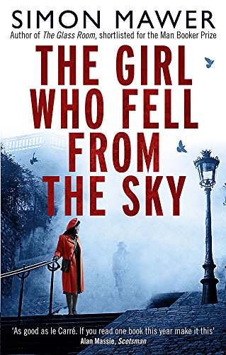 Book cover: woman in red coat stands on foggy city steps.