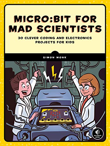 Book cover: “micro:bit for Mad Scientists” with cartoon kids and robot.