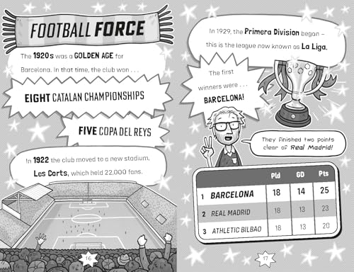 Black and white illustrated spread about Barcelona’s early football history and league table.