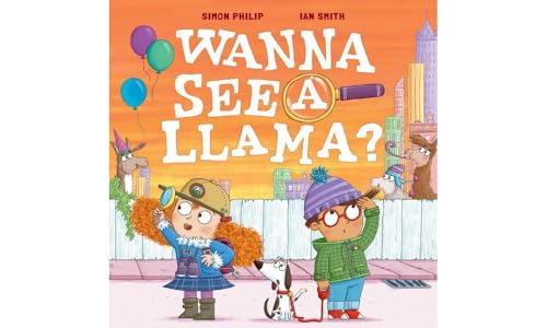 Children and llamas in a city scene, book cover illustration.