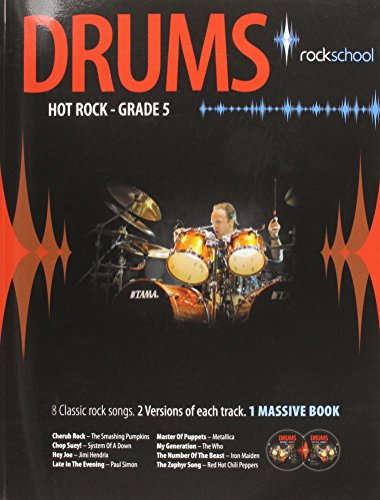 Drum lesson book cover featuring a drummer playing a kit, “Hot Rock Grade 5”.