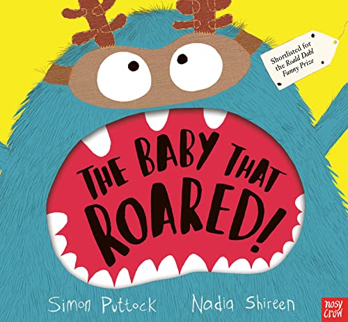 Blue monster with open mouth displaying the book title, "The Baby That Roared!".