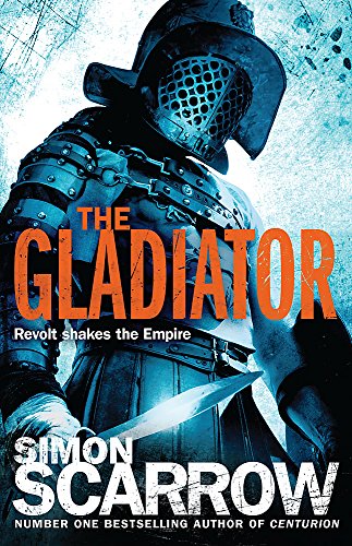 A gladiator in a metal helmet and armor holding a sword against a blue background.