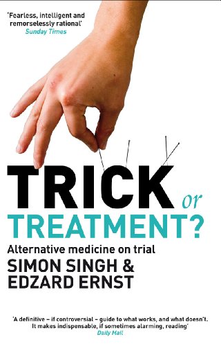 Book cover: hands near acupuncture needles, title "Trick or Treatment?".