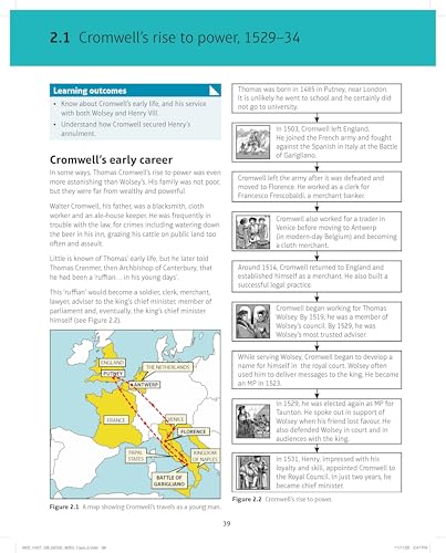 Textbook page detailing Thomas Cromwell’s early life and rise to power.