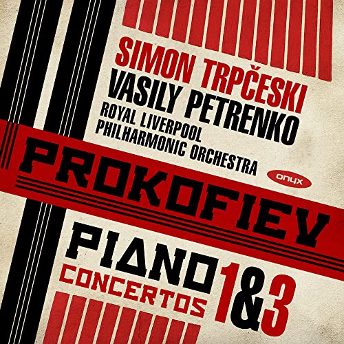 Album cover for Prokofiev Piano Concertos 1 & 3 featuring red and black text.