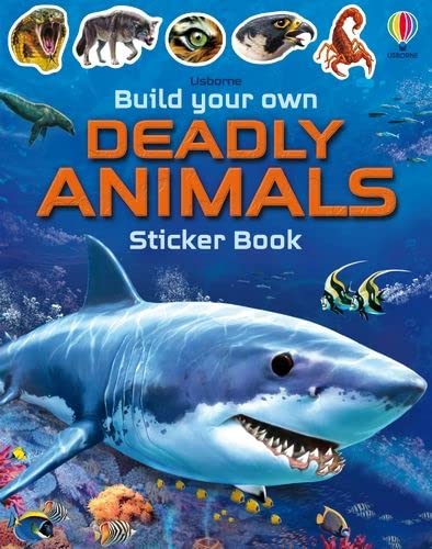 Children's sticker book cover featuring a great white shark and deadly animals.