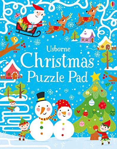 Colorful Christmas puzzle pad cover with Santa, snowmen, and trees.