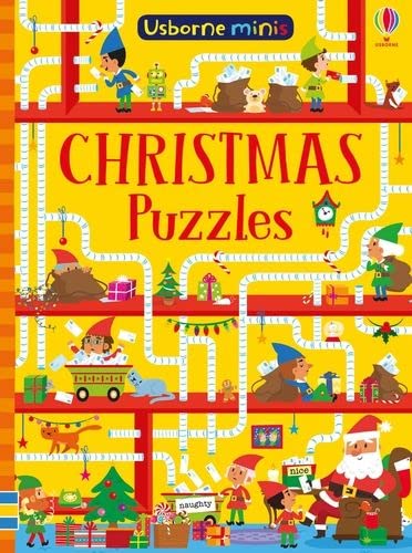 Yellow book cover with Christmas-themed illustrations and puzzle elements.