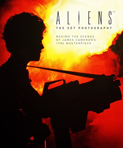 Book cover for "Aliens: The Set Photography" with fiery backdrop.
