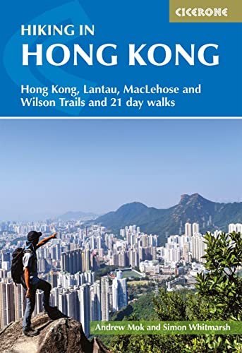 Book cover: "Hiking in Hong Kong" with a hiker overlooking a city.