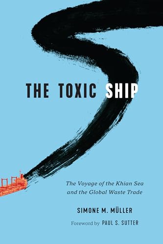 Book cover: "The Toxic Ship" with a red cargo ship and black brushstroke.