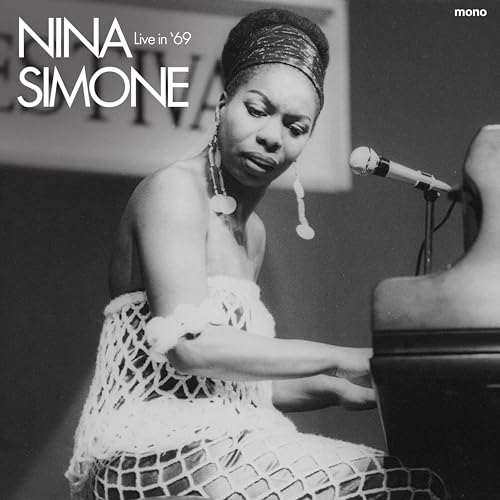 Nina Simone at a piano, album cover for "Live In '69" vinyl.