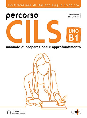 Textbook cover titled Percorso CILS UNO B1 with an orange line drawing of a student.