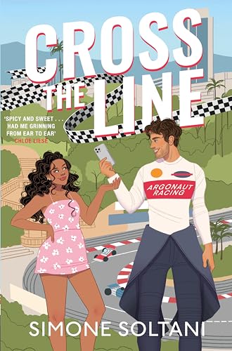 Book cover: illustrated couple with a racing track background.