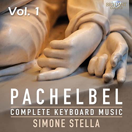 CD cover: hands on keyboard, text "Pachelbel" and "Simone Stella" visible.