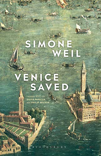 Book cover for "Venice Saved" with a painted depiction of Venice and boats.