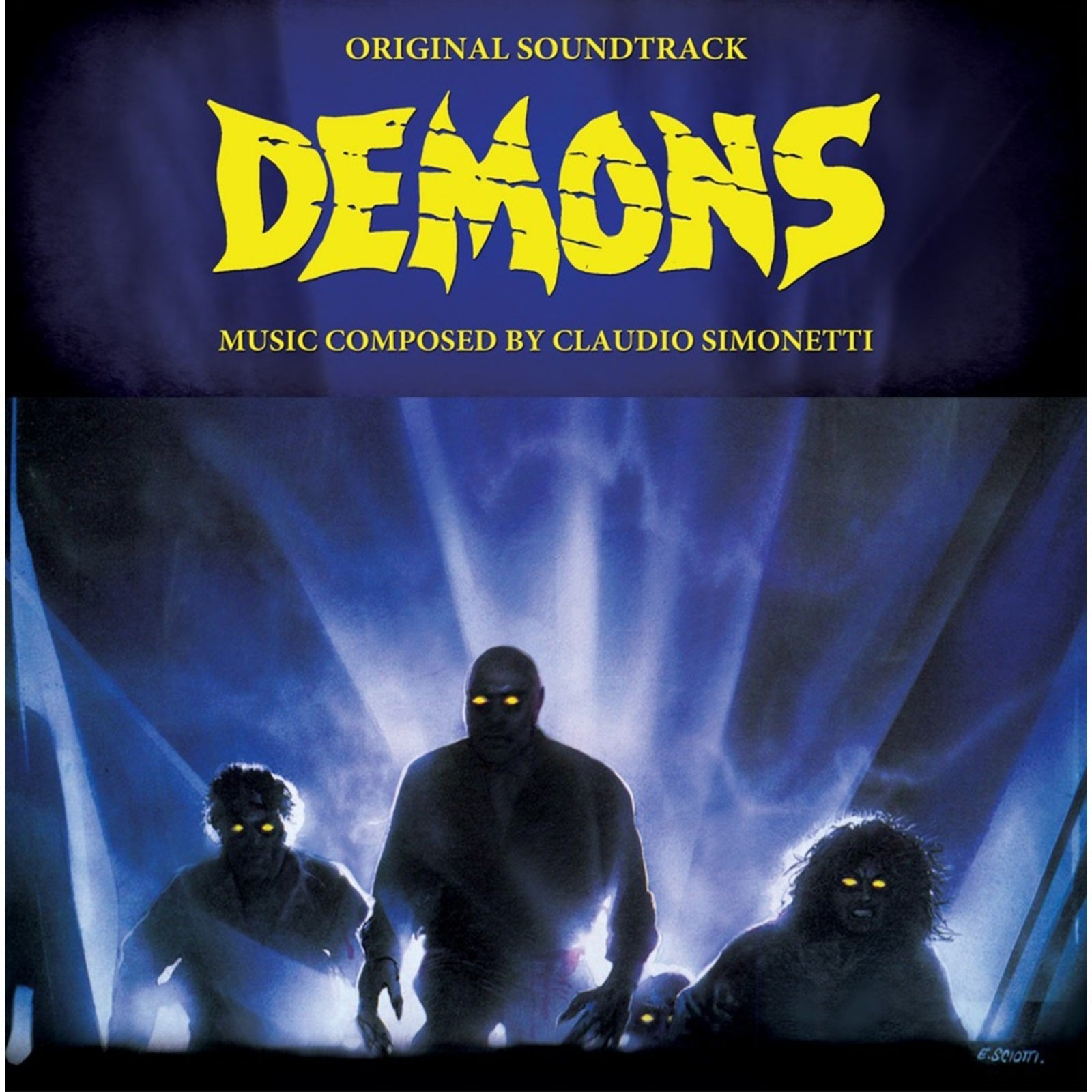 “Demons” soundtrack album cover with shadowy figures and yellow text.