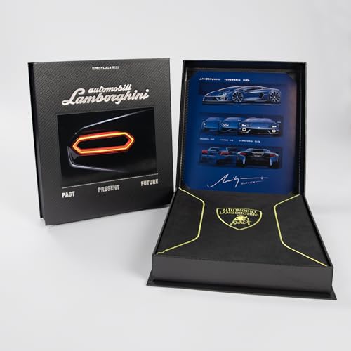 Lamborghini book and display case, open to reveal car illustrations.