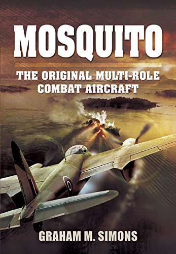 World War II Mosquito aircraft in flight over a burning naval scene.