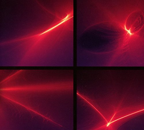 Four panels of abstract red light streaks on a dark background.