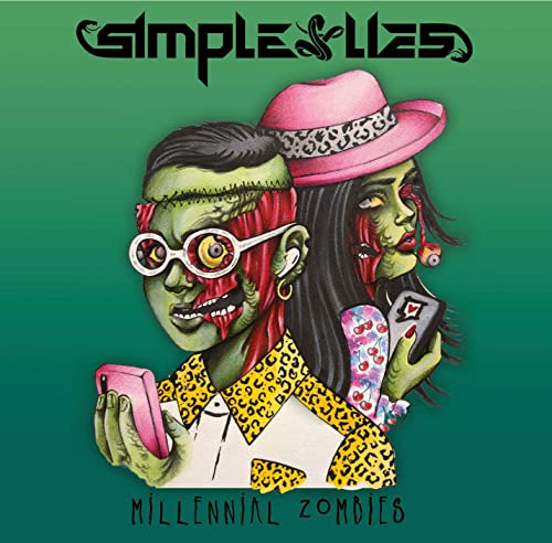 CD cover: illustrated zombie couple with phones, teal background.