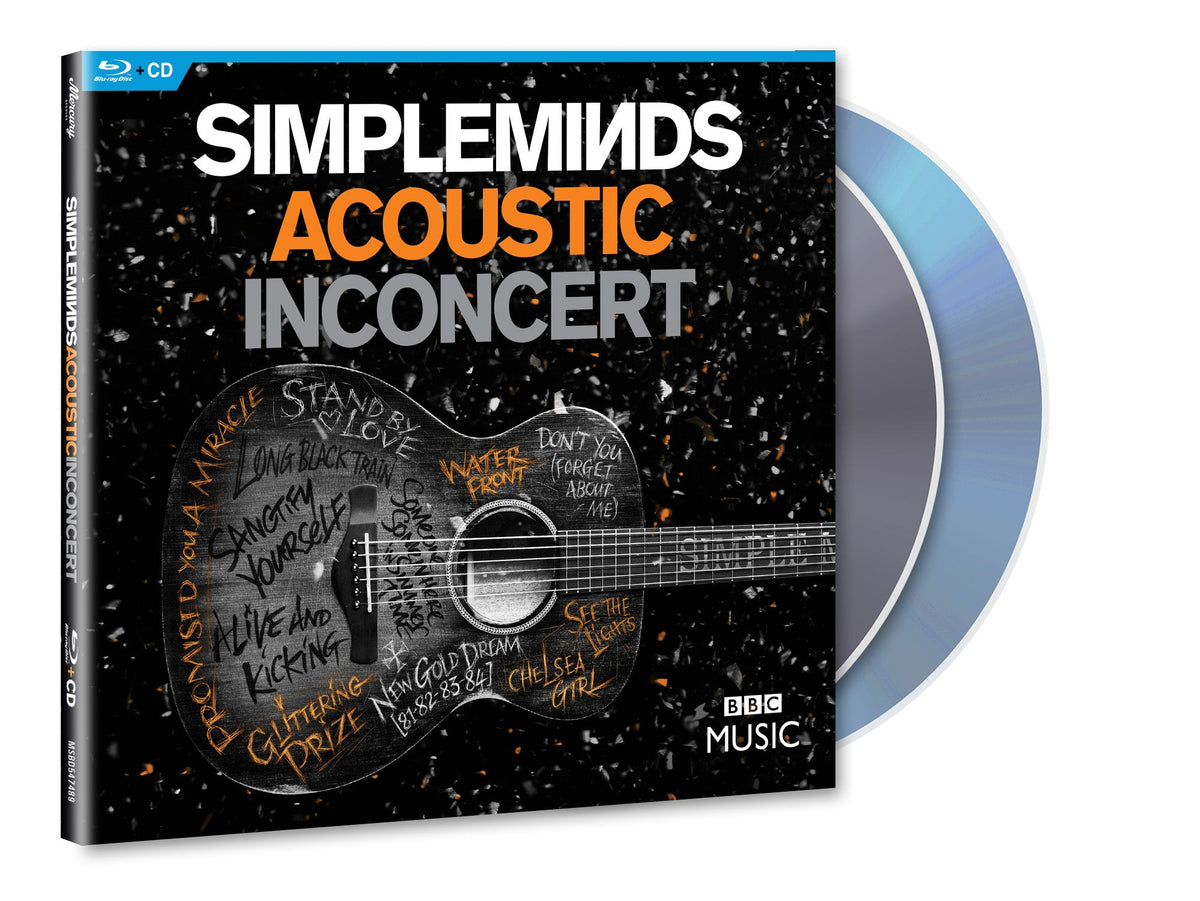 Simple Minds Acoustic In Concert album cover featuring an acoustic guitar with song titles.