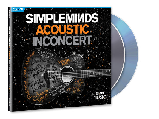 Simple Minds Acoustic In Concert album cover featuring an acoustic guitar with song titles.