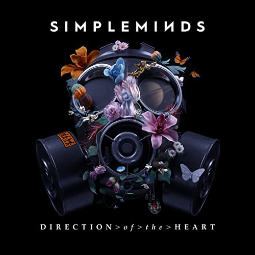Simple Minds album cover: gas mask adorned with colorful flowers and butterflies.