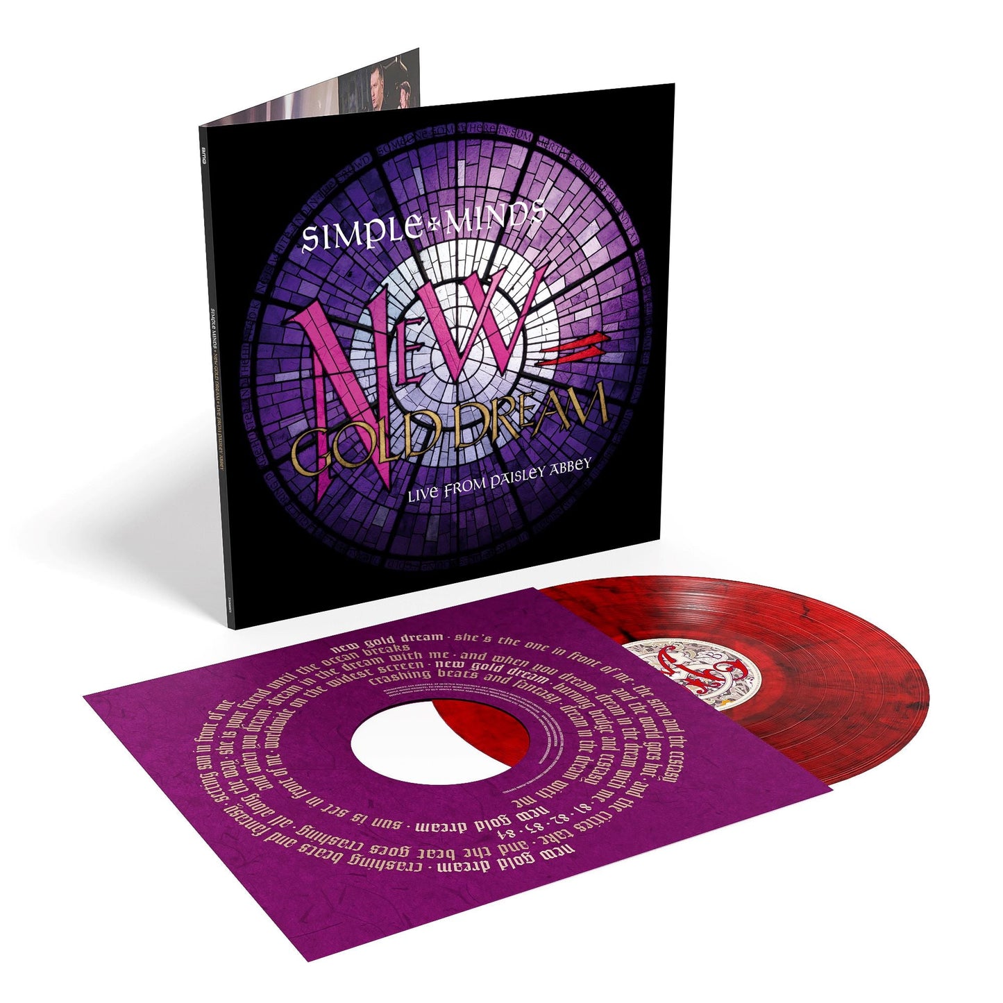 "Red vinyl record with purple sleeve and black album cover featuring stained-glass design."