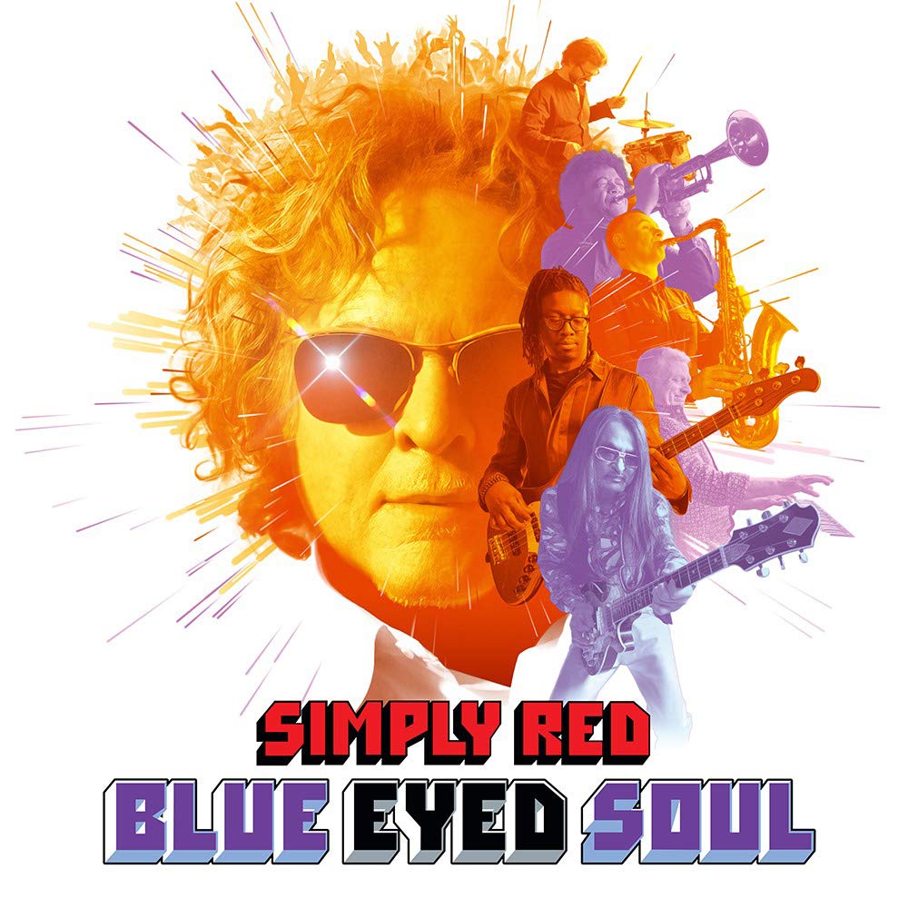 "Album cover with a man's face and musicians, titled 'Simply Red Blue Eyed Soul'."