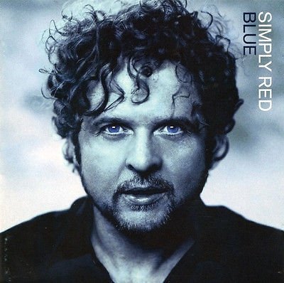 Close-up of Mick Hucknall, Simply Red album cover, blue tone.