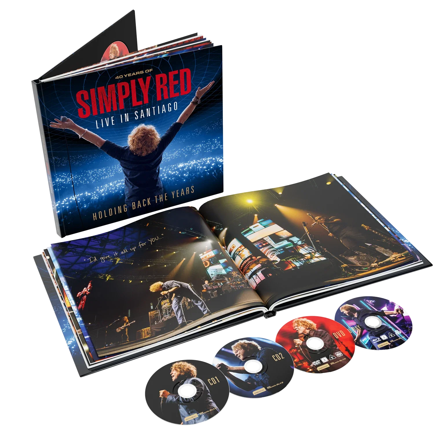 Simply Red artbook with live concert photos and four discs on a white background.