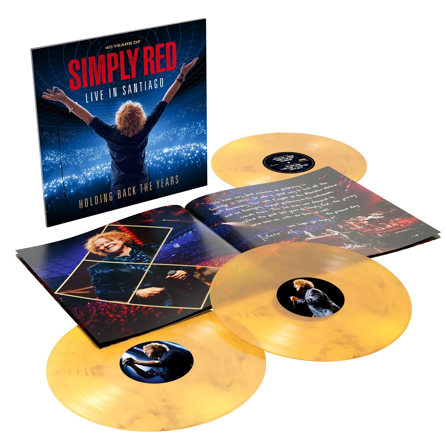 Simply Red vinyl box set featuring three marbled gold records and a photo booklet.