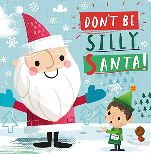 Cartoon Santa and frowning elf on a blue, snowy background.