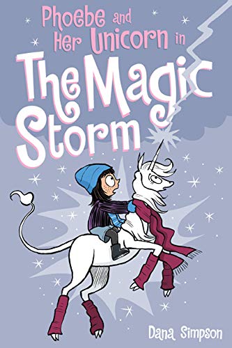 Phoebe riding a unicorn in a storm on the book cover.