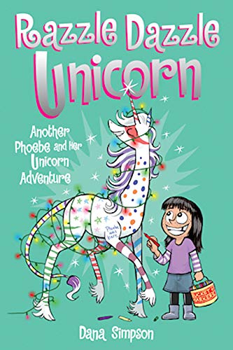 A girl with markers decorating a white unicorn wrapped in colorful string lights.