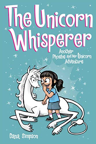 Book cover: girl whispering to a white unicorn with a pink background.