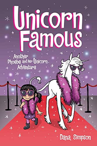 Phoebe and a unicorn wearing sunglasses and pink boas walk down a red carpet.