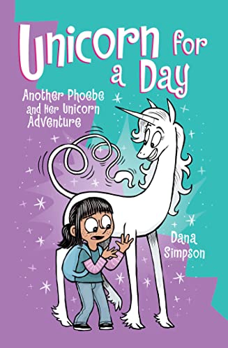Girl and a white unicorn with a sparkling purple background.
