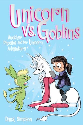 A girl riding a white unicorn faces a small green goblin on a blue background.