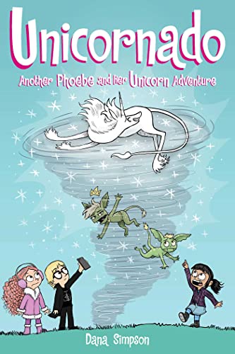 Colorful illustration of a girl and unicorn on a book cover with bright background.