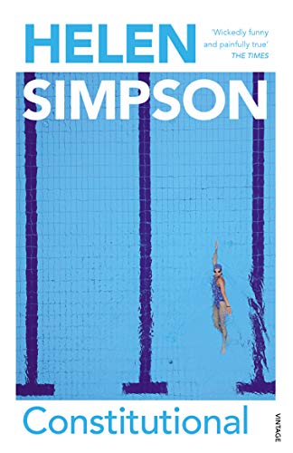 Book cover: "Constitutional" by Helen Simpson, swimmer in a blue pool.