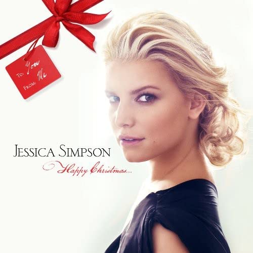 Jessica Simpson album cover with a gift tag and red ribbon.