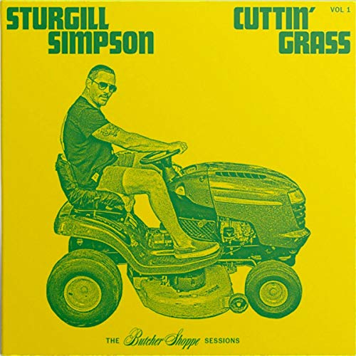 Album cover with man riding lawn mower, yellow background, green text and illustration.