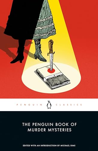 Book cover with a shadowy figure, a knife, and a book titled "Murder Mysteries".