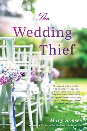 Book cover for “The Wedding Thief” with wedding chairs and flowers.