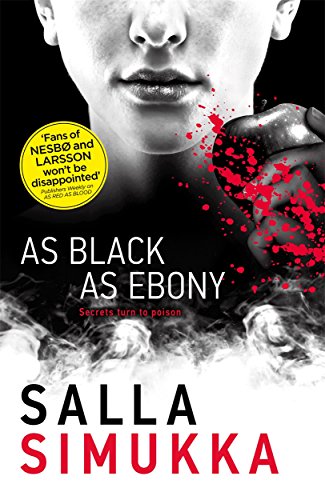 Book cover: woman’s face, red apple with splatters, dark and smoky background.