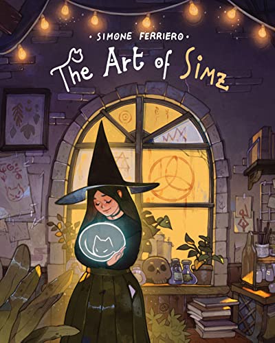 Illustration of a witch holding a glowing cat in a cozy room.