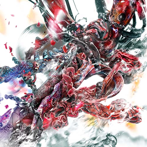 Abstract digital art with red, blue, and white swirling, fragmented shapes.